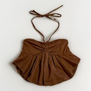 Women's Ruched Drawstring Bandeau Top Ruffle Hem Solid Peplum Brown Cottagecore